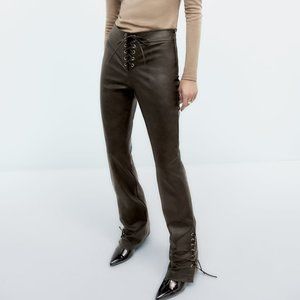 NWT Zara LACED FAUX LEATHER PANTS DARK BROWN